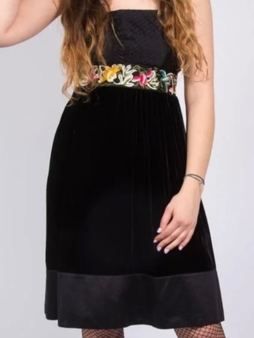 Floreat by Black Strapless Velvet Dress with Multicolor Embroidered Waist